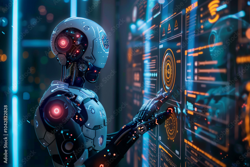 Poster a futuristic depiction of an advanced humanoid robot interacting with high-tech control panels