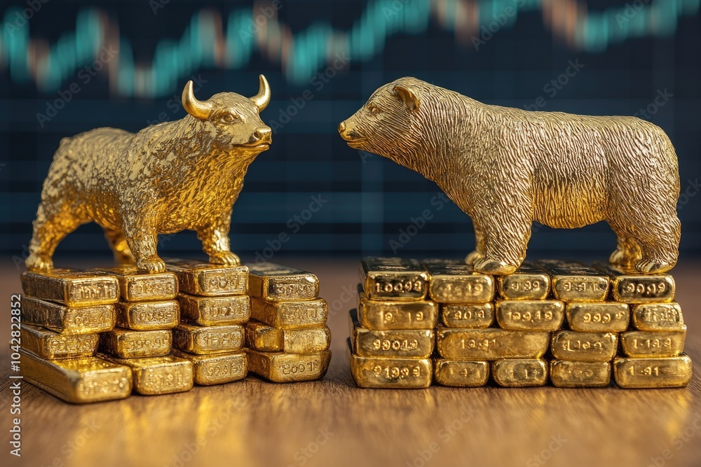 Poster bull and bear standing on stacks of gold bars facing each other with stock chart in background