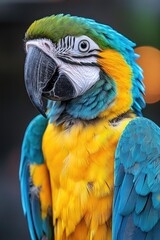 Obraz premium Blue-and-yellow macaw posing with bright blue and yellow feathers