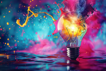 A vibrant depiction of a light bulb against a backdrop of colorful, explosive paints reflecting creative energy and inspiration