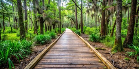 Fototapeta premium Dirt path with wooden boardwalk through dense low country forest silhouette