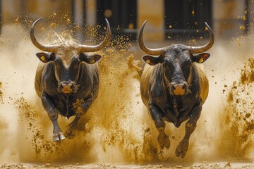 Two powerful bulls running and kicking up dust in a bullring