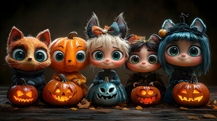 Cute Cartoon Cats Holding Jack-O-Lantern Pumpkins Illustration
