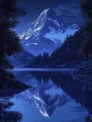 Mountain reflection in lake at night