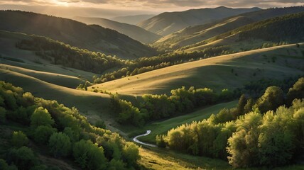 Golden sunset illuminates a picturesque valley in spring.