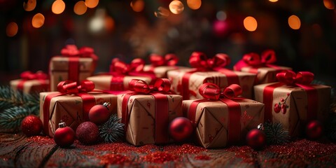 Christmas gift background. Celebrate decorative box with ribbon. Xmas background