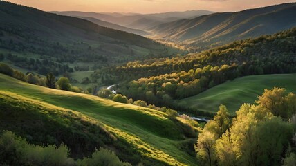 Obraz premium Golden sunset illuminates a picturesque valley in spring.