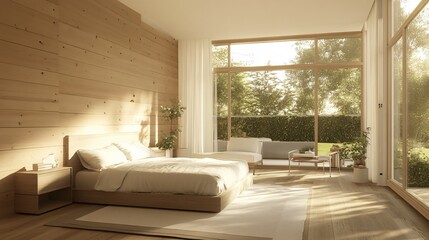 Modern Bedroom Interior Design with Wood Walls and Large Windows
