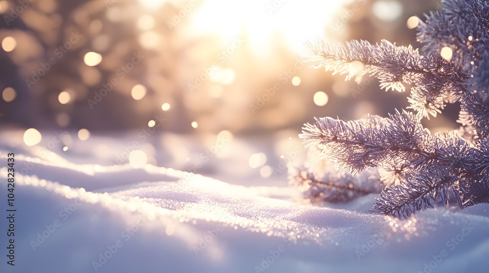 Poster a serene winter forest scene with sunlit snow-covered branches and sparkling snowflakes, creating a 
