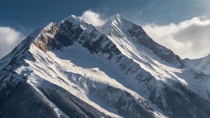 Obraz premium Majestic snow-capped mountain peaks rise above a frosted forest.