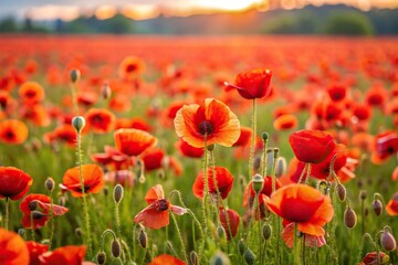Fototapeta premium Field of vibrant poppies at sunset