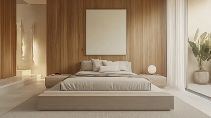 Modern Minimalist Bedroom Interior Design with Wooden Wall and Blank Canvas