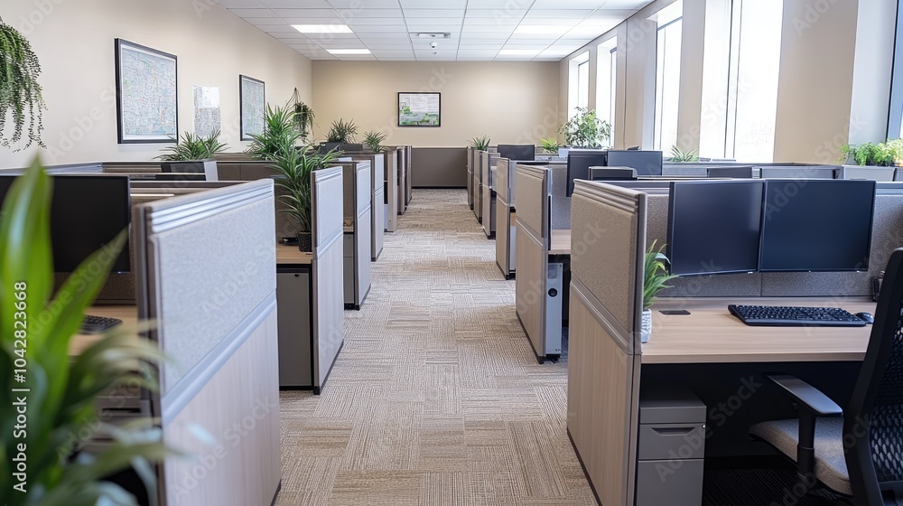 Poster rows of empty cubicles waiting for employees in a modern open plan office