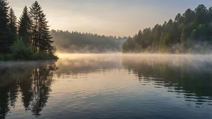 The golden sunrise casts long shadows on the misty lake.