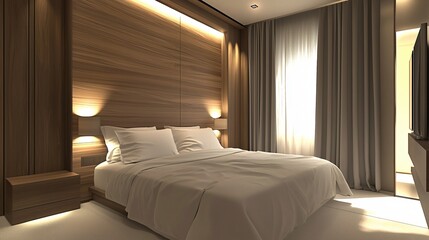 Modern Bedroom Interior Design with Wooden Wall and Bedside Table