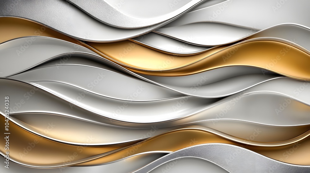 Poster an elegant abstract composition featuring gold and silver metallic waves, creating a luxurious and m