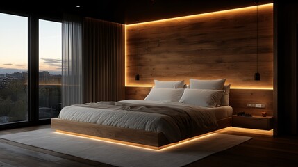 Modern Bedroom Interior Design with Wooden Wall and LED Lighting