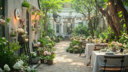Naklejka premium A serene, flower-filled outdoor dining area adorned with lights, offering a picturesque setting for gatherings amidst lush greenery.
