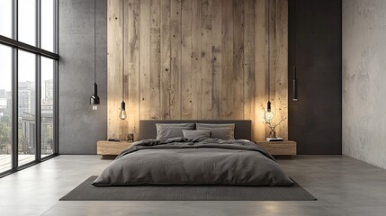 Modern Bedroom Interior Design with Concrete Walls and Wooden Accent Wall