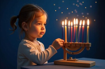 portrait happy Beautiful little girl lighting candles on menorah for Hanukkah.  blue background. Jewish holiday. Tradition is a religious ritual.