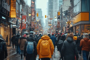 Naklejka premium Tourists and locals walking on busy shopping street in winter