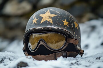 Naklejka premium Military helmet with three gold stars lying on snowy ground