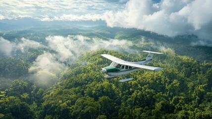 A light aircraft flying over lush, green forests amidst clouds, showcasing a serene aerial view of nature.