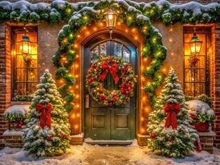 Festive Entrance Christmas Decorations with Twinkling Lights and Cheerful Ornaments for Holiday Spirit