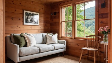 cozy, rustic-style living room corner with wooden walls and a large window offering a view of lush greenery outside