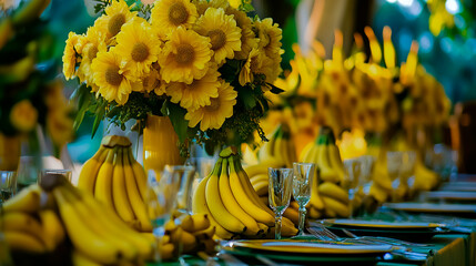 Banana theme wedding, vibrant yellow and green color palette, banana decorations and center pieces.