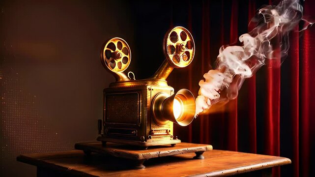 A vintage movie projector with smoke coming from the lens, sitting on a wooden table in front of a red velvet curtain. - Powered by Adobe