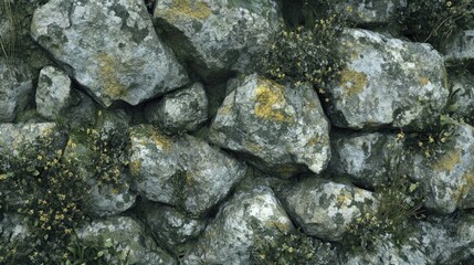 Weathered Stone Wall with Green Patches and Textures