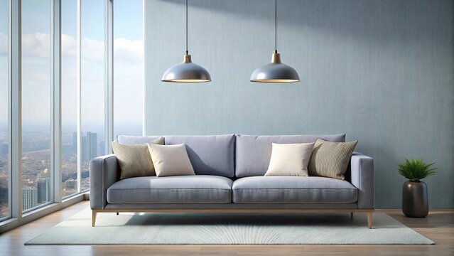 description: Panoramic grey sofas with cushions and minimalist lamp hanging from roof