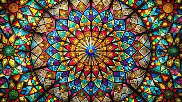 Kaleidoscopic stained glass shapes bursting with colorful silhouettes