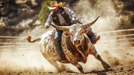 Cowboy riding a powerful bull in a rodeo competition
