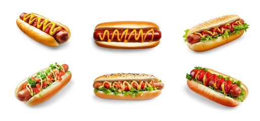 Six delicious hot dogs with mustard and ketchup on transparent background