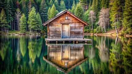 Obraz premium Description: Symmetrical lakeside cabin made of weathered wood