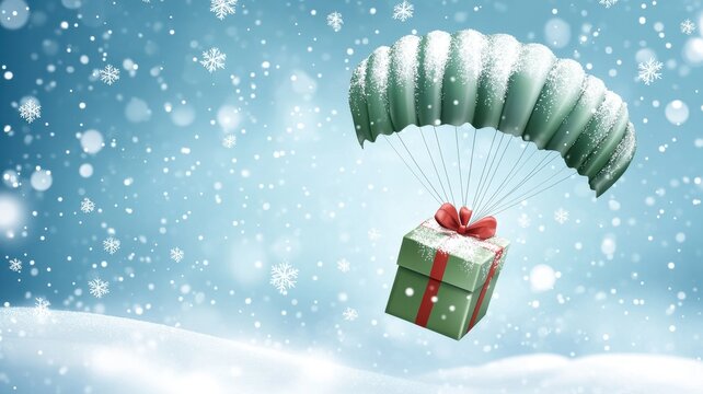 A Box flying on a parachute with sky cloud in christmas day,vector illustration of package flying down from sky cloud with parachute,holiday red gifts,winter,shopping online,air delivery service.