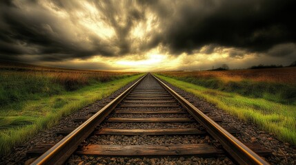 Obraz premium Serene Railway Tracks Stretching into the Horizon