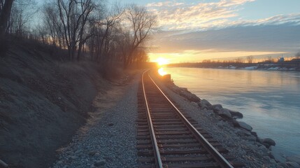 Serene Sunset Over Old Railway Tracks by the Water