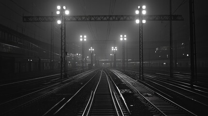Converging Railway Tracks at Junction at Night