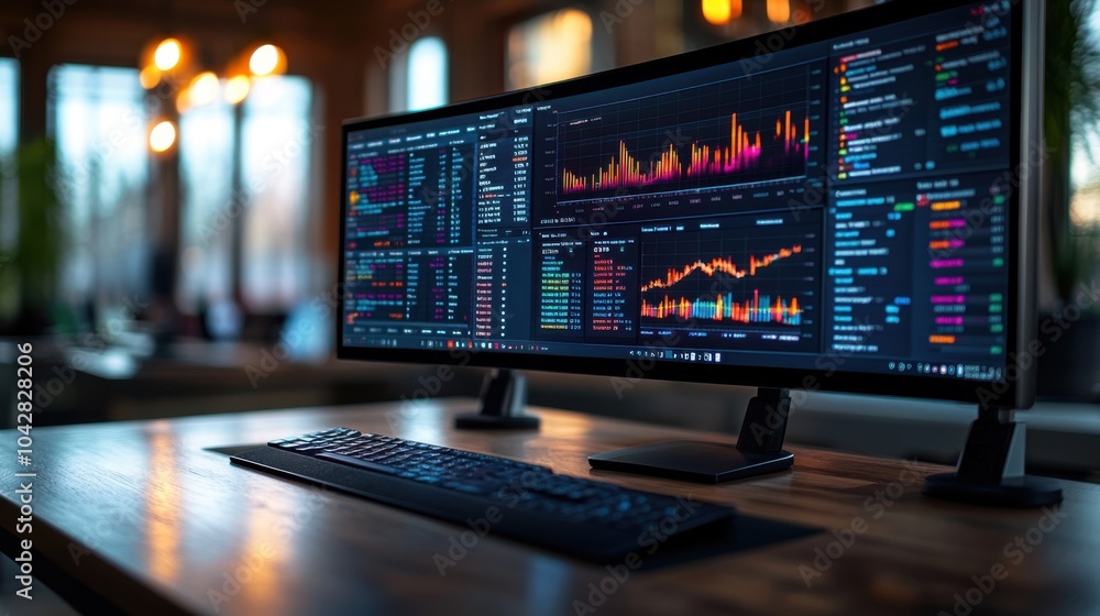 Poster a computer monitor displaying financial data and stock market trends.