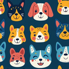 Fototapeta premium Adorable Seamless Pattern of Fun Animal Faces