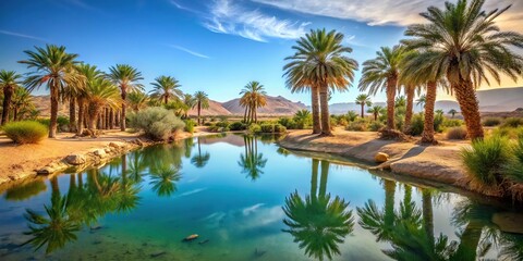 Desert oasis with palm trees and water pool