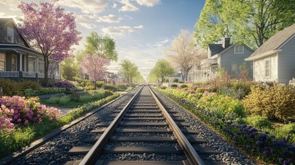 Fototapeta premium Serene Railway Tracks Through a Quiet Suburban Landscape