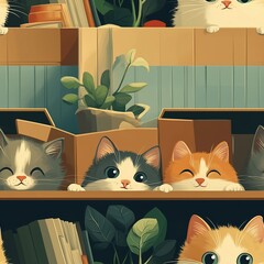Obraz na płótnie Canvas Playful Pets Hidden in a Cozy Seamless Pattern