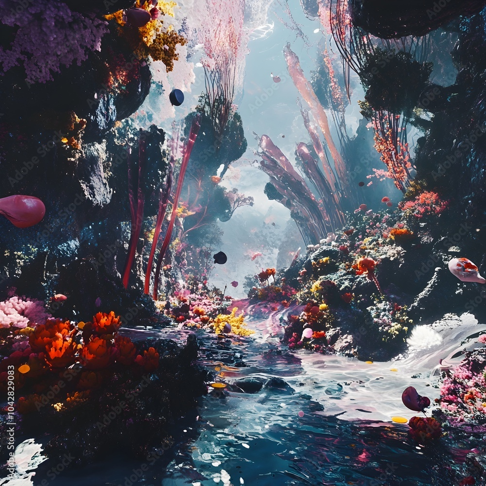 Fototapete surreal dreamscape of floating organic structures and synesthesia inducing visuals