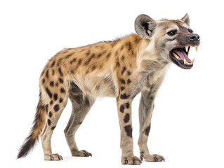 Naklejka premium The spotted hyena isolated on white background. Genus crocuta. Africa. A hyena facing the camera.