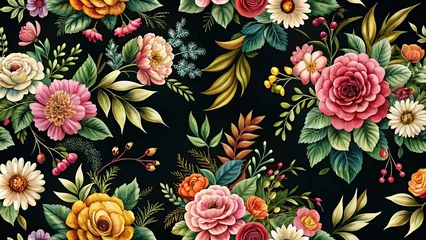 Fotobehang floral pattern with leaves on dark background, close-up © suchetpong