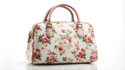 Floral print handbag with delicate pink flowers on white background
